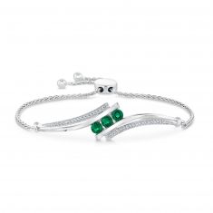 Created Emerald and Created White Sapphire Three-Stone Sterling Silver Bolo Bracelet