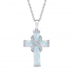 Created Opal and Created White Sapphire Cross Sterling Silver Pendant Necklace