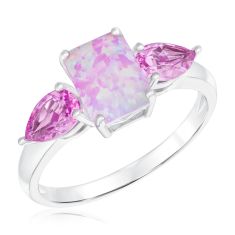 Created Pink Opal and Created Pink Sapphire Sterling Silver Ring