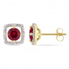 Created Ruby and 1/15ctw Diamond Floating Square Halo Yellow Gold Earrings