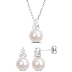 Created White Sapphire and 8.5-9mm White Freshwater Cultured Pearl Sterling Silver Necklace and Earring Set