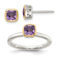 Cushion Amethyst Two-Tone Yellow Gold and Sterling Silver Stud Earring and Ring Set