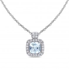 Cushion Aquamarine and Diamond Halo Pendant