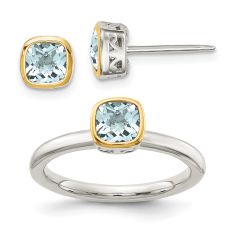 Cushion Aquamarine Two-Tone Yellow Gold and Sterling Silver Stud Earring and Ring Set