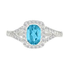 Cushion Blue Topaz and Created White Sapphire Halo Sterling Silver Promise Ring