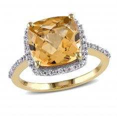 Cushion Citrine and Diamond Halo Yellow Gold Cocktail Ring 1/10ctw