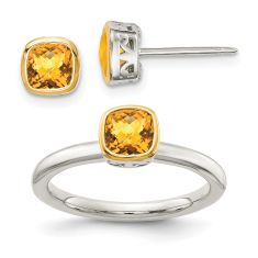 Cushion Citrine Two-Tone Yellow Gold and Sterling Silver Stud Earring and Ring Set