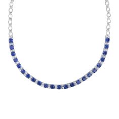 Cushion Created Blue Sapphire and Round Created White Sapphire Gemstone Necklace
