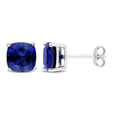 Cushion Created Blue Sapphire Sterling Silver Stud Earrings