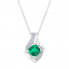 Cushion Created Emerald and Created White Sapphire Sterling Silver Pendant Necklace