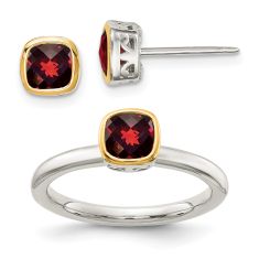 Cushion Garnet Two-Tone Yellow Gold and Sterling Silver Stud Earring and Ring Set