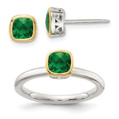 Cushion Lab Created Emerald Two-Tone Yellow Gold and Sterling Silver Stud Earring and Ring Set