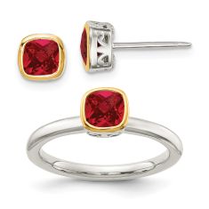 Cushion Lab Created Ruby Two-Tone Yellow Gold and Sterling Silver Stud Earring and Ring Set