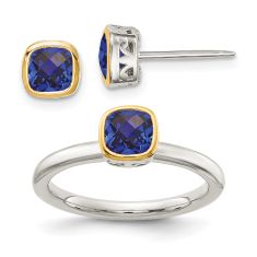 Cushion Lab Created Sapphire Two-Tone Yellow Gold and Sterling Silver Stud Earring and Ring Set