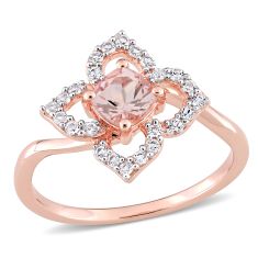 Cushion Morganite and White Topaz Floral Rose Plated Sterling Silver Ring