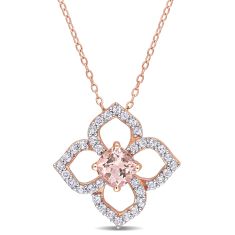 Cushion Morganite and White Topaz Rose Rhodium Plated Sterling Silver Floral Pendant Necklace