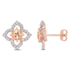 Cushion Morganite and White Topaz Rose Rhodium Plated Sterling Silver Floral Stud Earrings