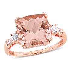 Cushion Morganite Created White Sapphire and Diamond Accent  Rose Gold Cocktail Ring