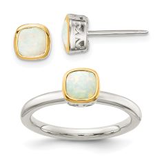 Cushion Opal Two-Tone Yellow Gold and Sterling Silver Stud Earring and Ring Set
