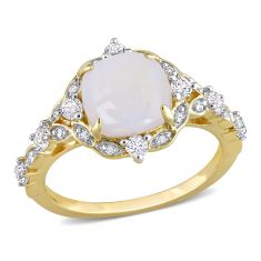 Cushion Opal, White Sapphire, and 1/20ctw Diamond Yellow Gold Ring