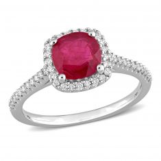 Cushion Ruby and 1/4ctw Diamond White Gold Halo Ring