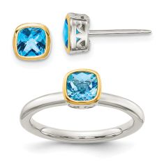Cushion Swiss Blue Topaz Two-Tone Yellow Gold and Sterling Silver Stud Earring and Ring Set