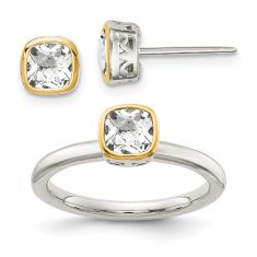 Cushion White Topaz Two-Tone Yellow Gold and Sterling Silver Stud Earring and Ring Set