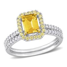 Cushion Yellow Sapphire and 1/4ctw Diamond White Gold Gemstone Bridal Set