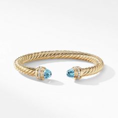 David Yurman Cable Bracelet in 18k Gold with Blue Topaz and Diamonds, 7mm