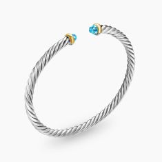 David Yurman Cable Flex Sterling Silver with 14K Yellow Gold and Blue Topaz 4mm Bracelet