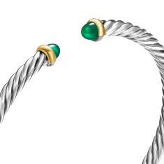 David Yurman Cable Flex Sterling Silver with 14K Yellow Gold and Green Onyx 4mm Cuff Bracelet