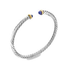 David Yurman Cable Flex Sterling Silver with 14K Yellow Gold and Lapis 4mm Cuff Bracelet