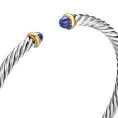 David Yurman Cable Flex Sterling Silver with 14K Yellow Gold and Lapis 4mm Cuff Bracelet