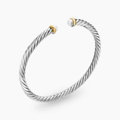 David Yurman Cable Flex Sterling Silver with 14K Yellow Gold and Pearl 4mm Cuff Bracelet