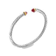 David Yurman Cable Flex Sterling Silver with 14K Yellow Gold and Rhodolite Garnet 4mm Cuff Bracelet