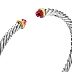 David Yurman Cable Flex Sterling Silver with 14K Yellow Gold and Rhodolite Garnet 4mm Cuff Bracelet
