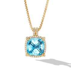 David Yurman Chatelaine 18K Yellow Gold with Blue Topaz and Diamond Pave Bezel Pendant Necklace