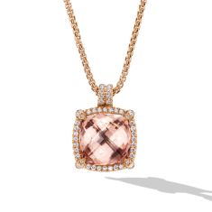 David Yurman Chatelaine Pave Bezel Pendant Necklace in 18K Rose Gold with Morganite and Diamonds, 14mm