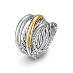 David Yurman Crossover Five Row Ring in Sterling Silver with 14K Yellow Gold, 17.5mm