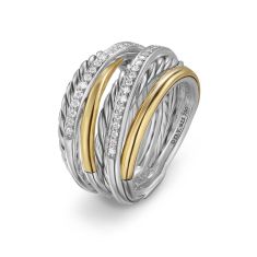 David Yurman Crossover Five Row Ring in Sterling Silver with 18K Yellow Gold and Diamonds, 16mm