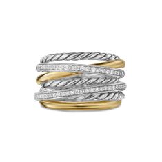 David Yurman Crossover Five Row Ring in Sterling Silver with 18K Yellow Gold and Diamonds, 16mm