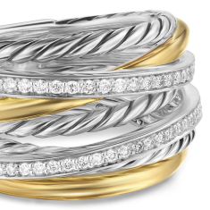 David Yurman Crossover Five Row Ring in Sterling Silver with 18K Yellow Gold and Diamonds, 16mm