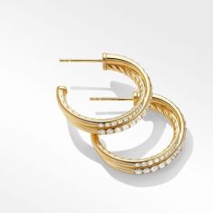 David Yurman Pave Crossover Hoop Earrings in 18K Yellow Gold with Diamonds
