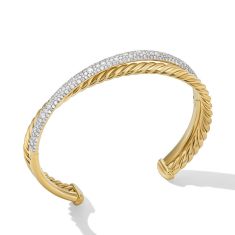 David Yurman Pave Crossover Two Row Cuff Bracelet in 18K Yellow Gold with Diamonds