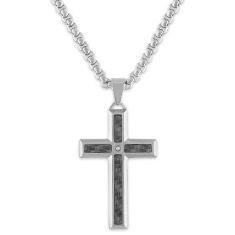 Diamond Accent Stainless Steel and Grey Carbon Fiber Cross Pendant Necklace | Men's
