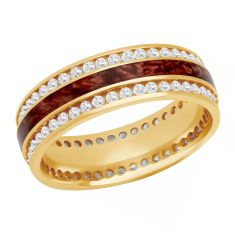 Diamond and Pearl Red Ceramic Inlay Yellow Gold Double Eternity Wedding Band | 7mm