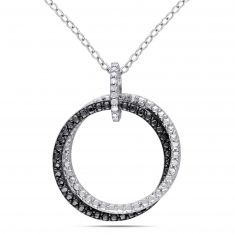Diamond Double Circle Sterling Silver and Black Rhodium Pendant 1/20ctw