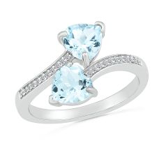Double Heart-Shaped Aquamarine Diamond Accent Sterling Silver Ring