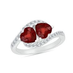 Double Heart-Shaped Garnet and 1/4ctw Diamond Sterling Silver Ring