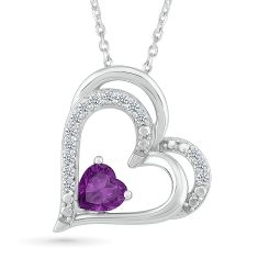 Double Heart Amethyst and 1/5ctw Diamond Sterling Silver Pendant Necklace